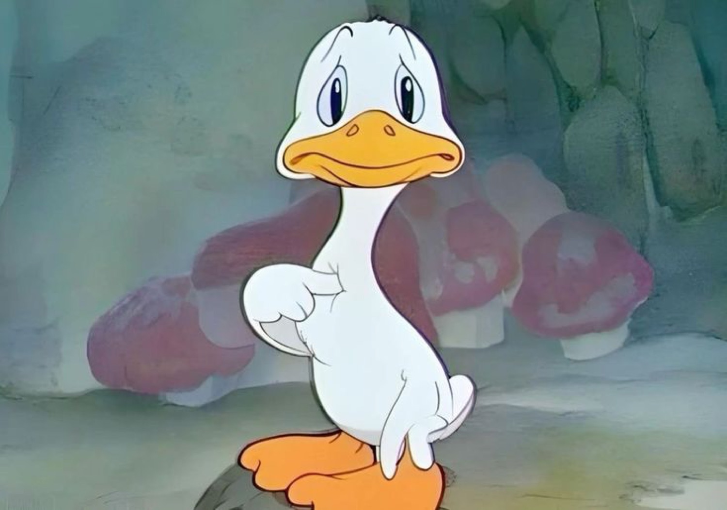 Vintage cartoon duck standing sheepishly with a worried little frown
