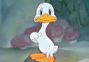 Vintage cartoon duck standing sheepishly with a worried little frown