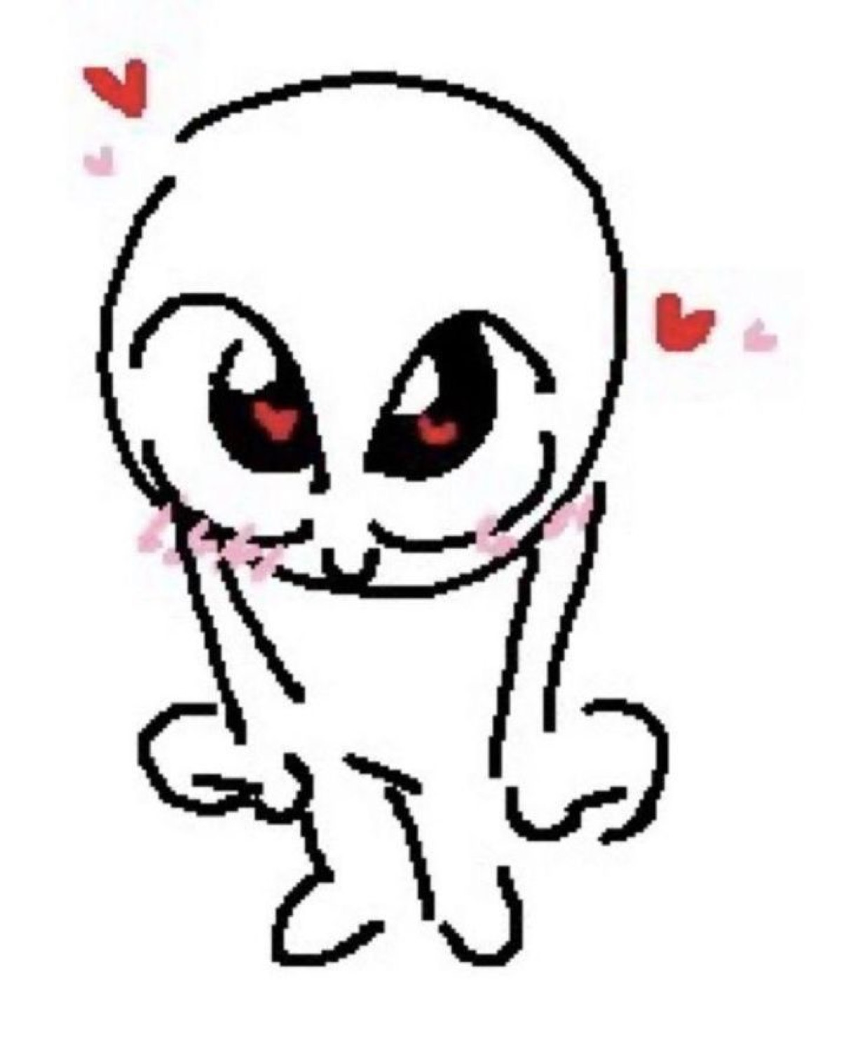 Pixel-art skeleton character blushing with heart eyes, arms out in a coy stance