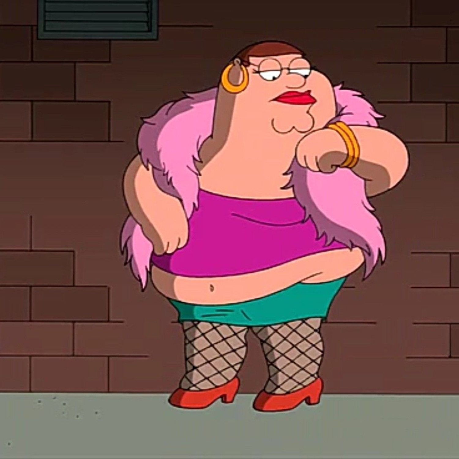 Peter Griffin dressed in drag as a sassy woman, posing confidently in fishnets