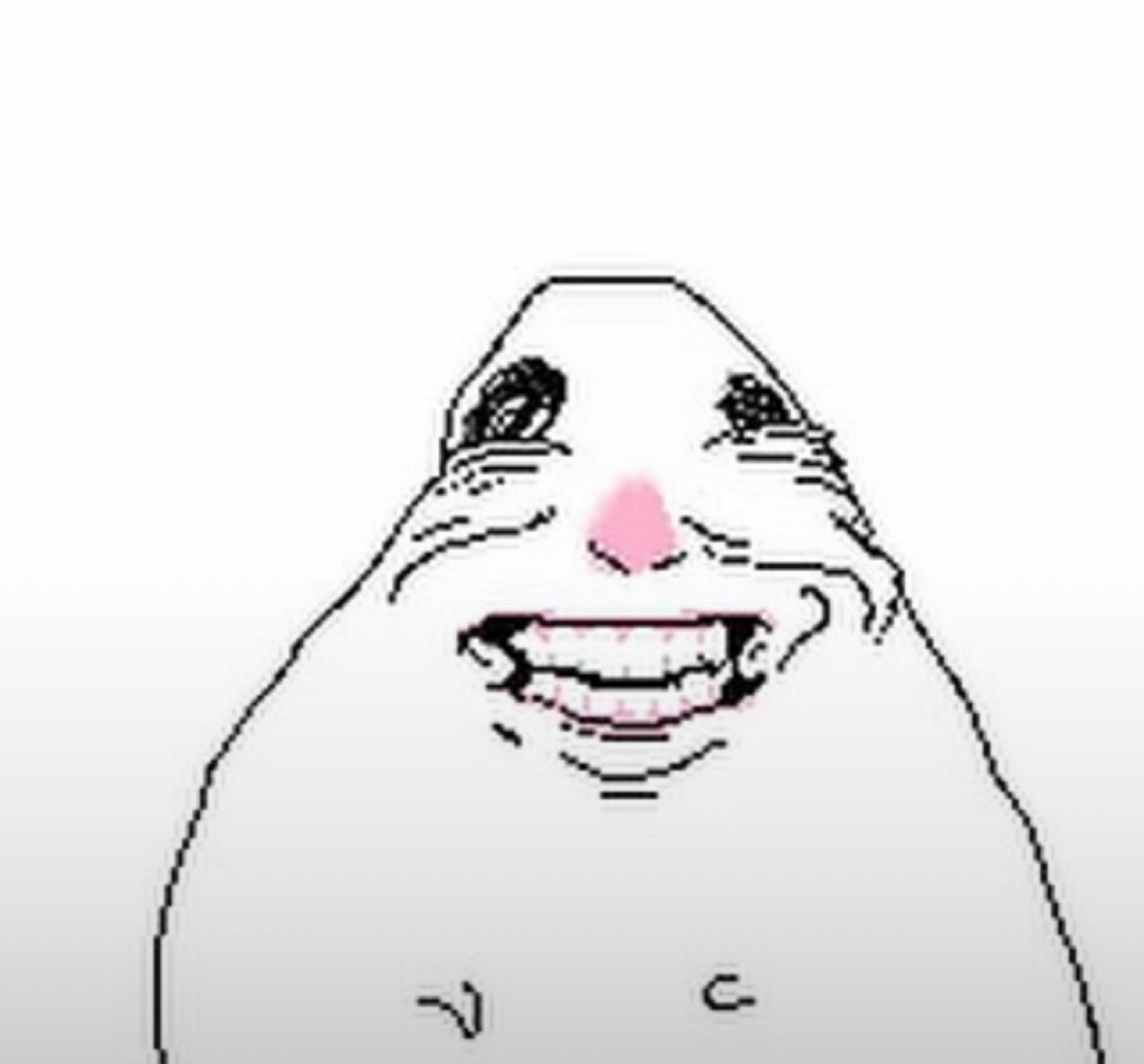 Nordic blob meme character grinning wide with a scheming, self-satisfied expression
