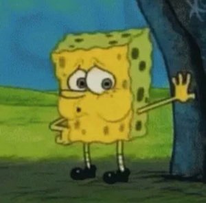 Deflated, droopy-eyed SpongeBob giving a tired little wave goodbye