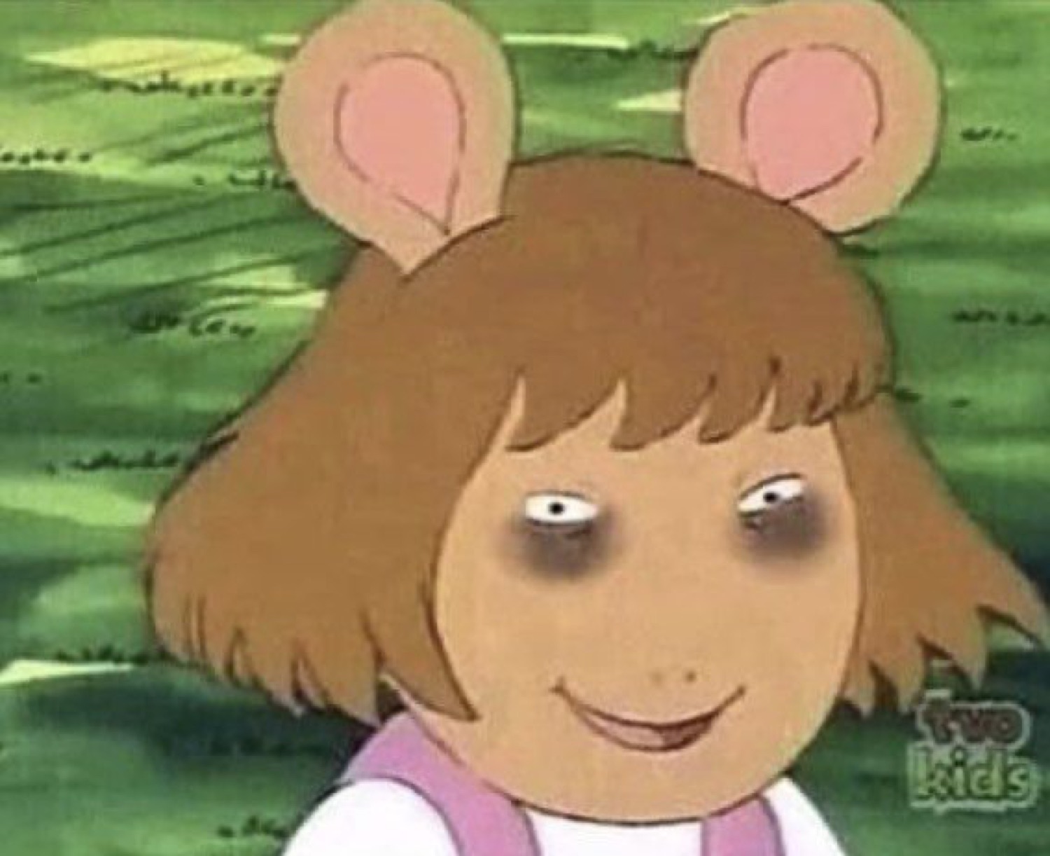 D.W. from Arthur smirking with enormous dark bags under her eyes