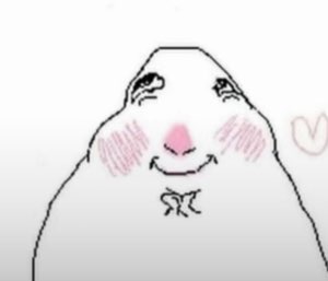 Blushing scribble-face blob smiling shyly with a little heart drawn beside it