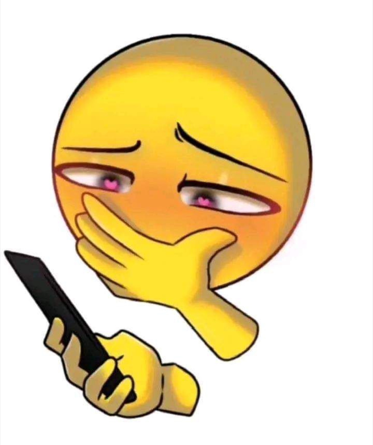 Teary-eyed yellow emoji covering its mouth while nervously texting on a phone
