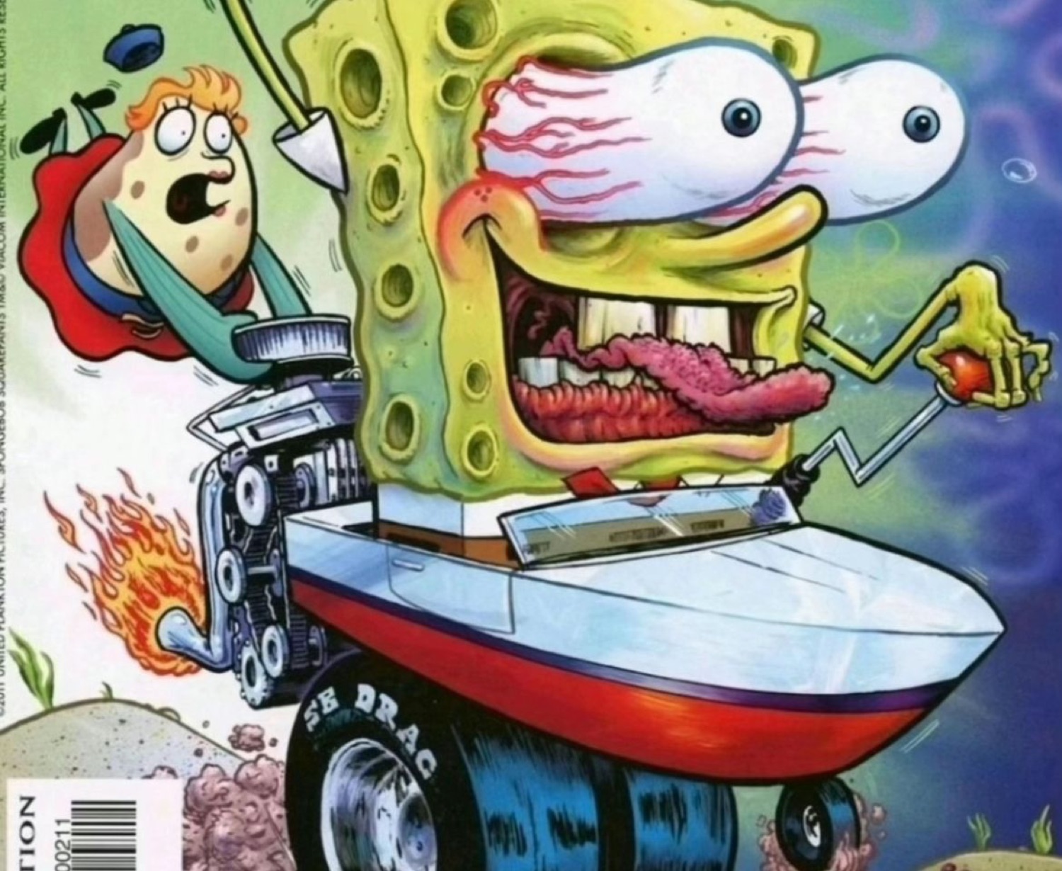 Wild bloodshot-eyed SpongeBob driving a flaming hot-rod boat car