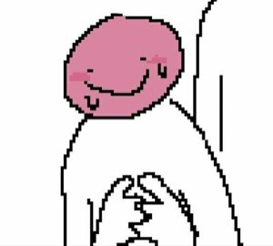 Crude stick-figure drawing with a blushing pink face fidgeting shyly