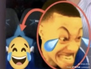 Man's face overlaid with a crying-laughing emoji filter, showing the real vs expected reaction