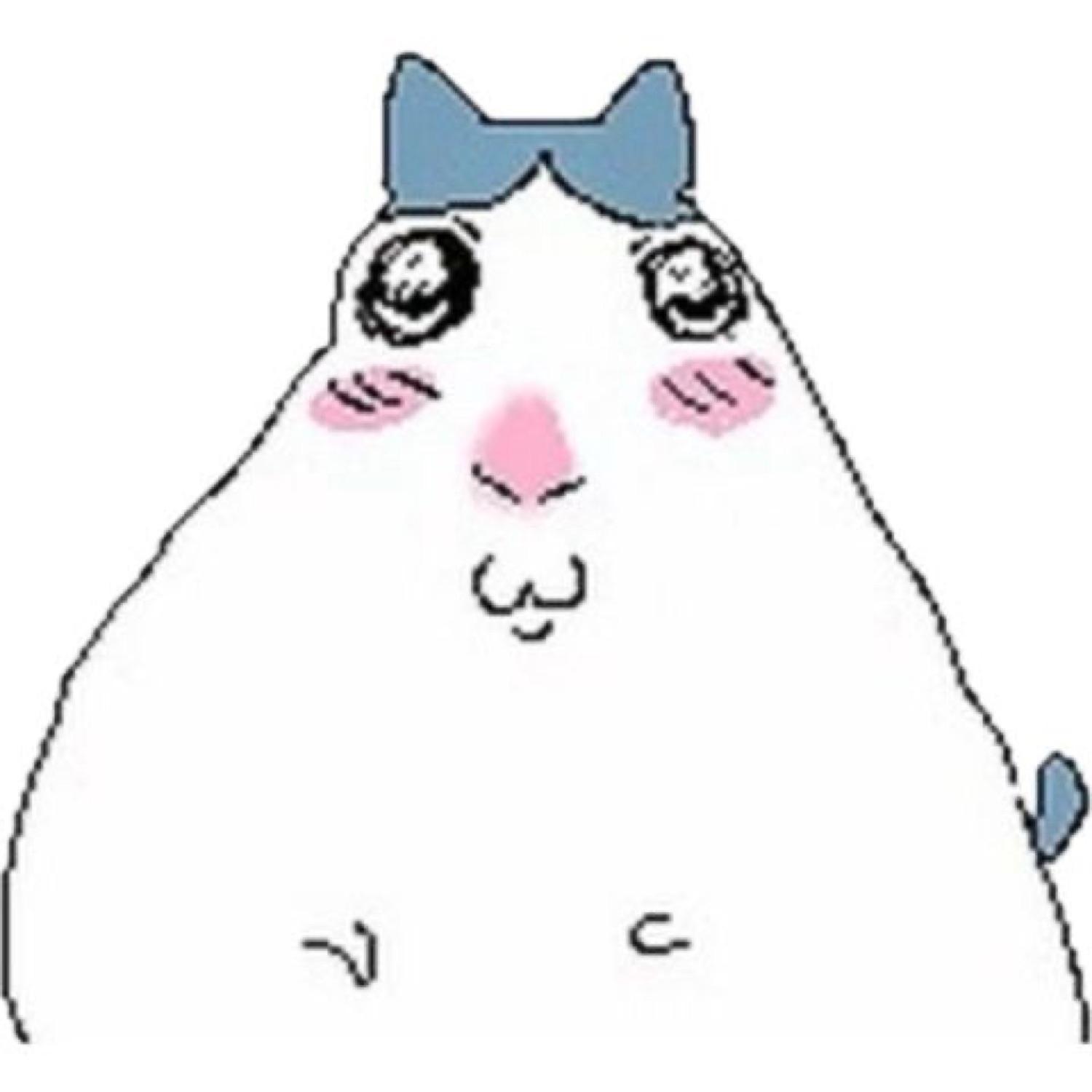 Round white blob cat with a blue bow, blushing with a shy pursed mouth