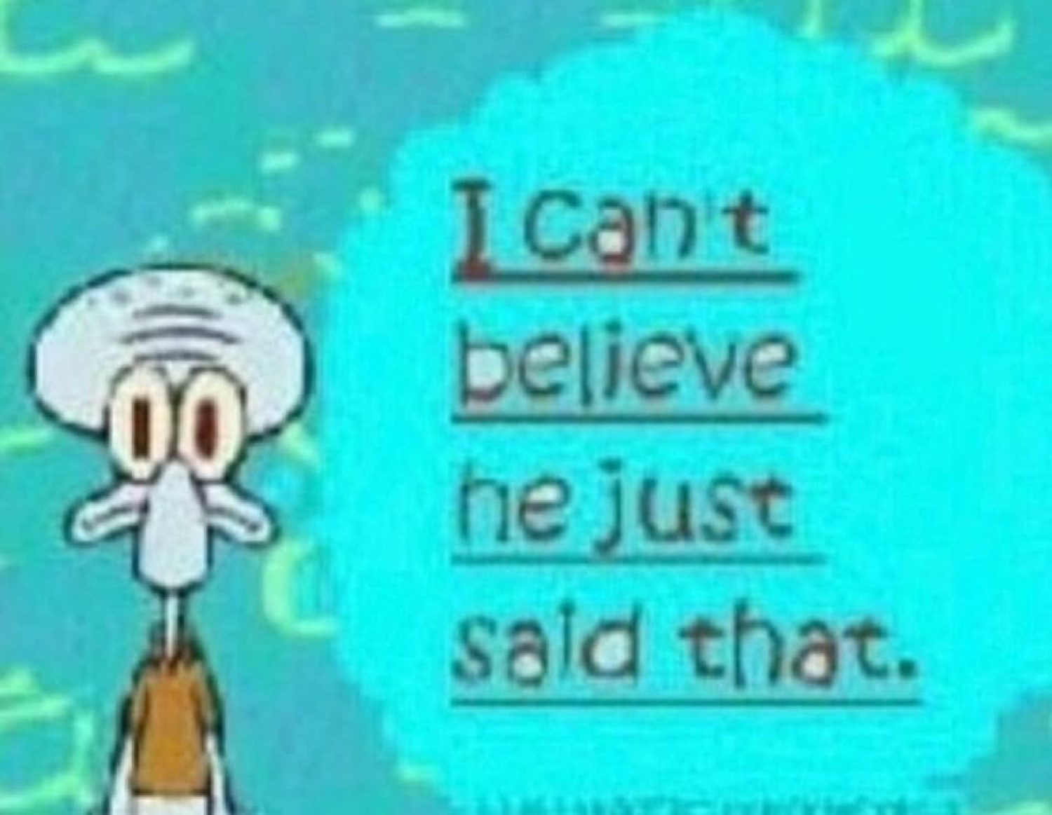 Squidward wide-eyed and stunned beside the text 'I can't believe he just said that.'