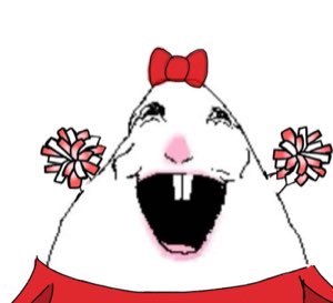 Crying blob cheerleader with pom-poms and a red bow, screaming with joy