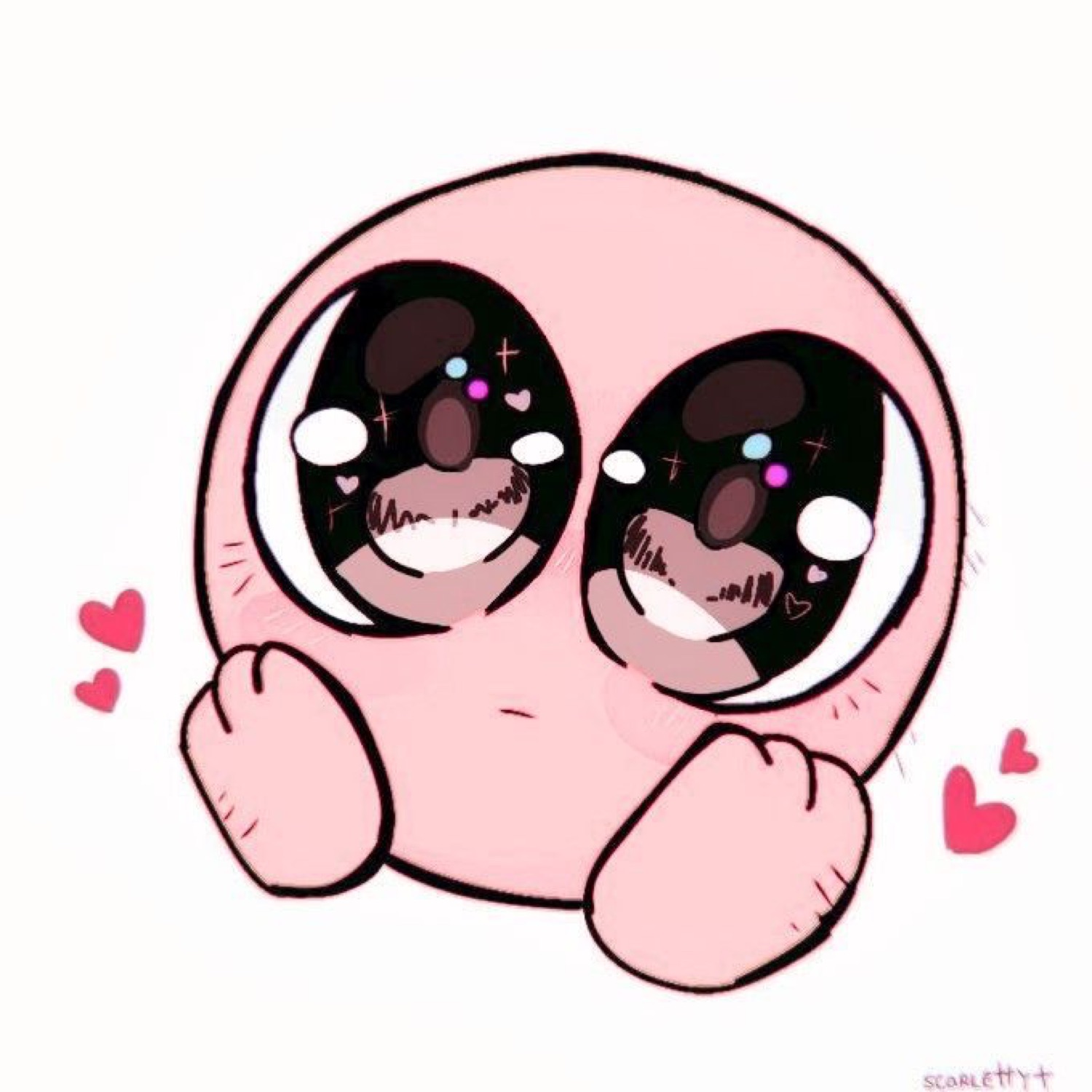 Pink blob cartoon with giant sparkling eyes and paws up, surrounded by hearts