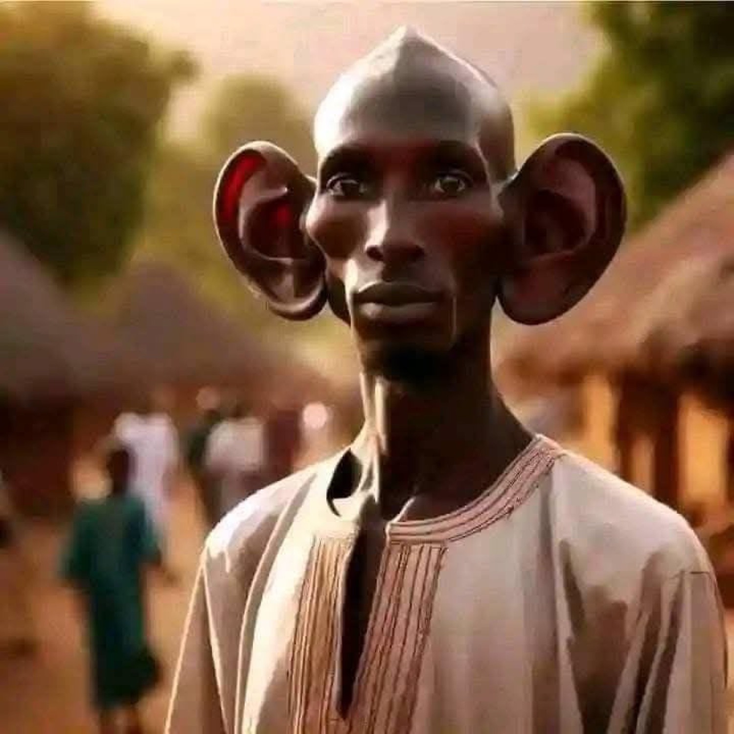 AI-generated man with enormous flat ears standing in a village with a neutral stare