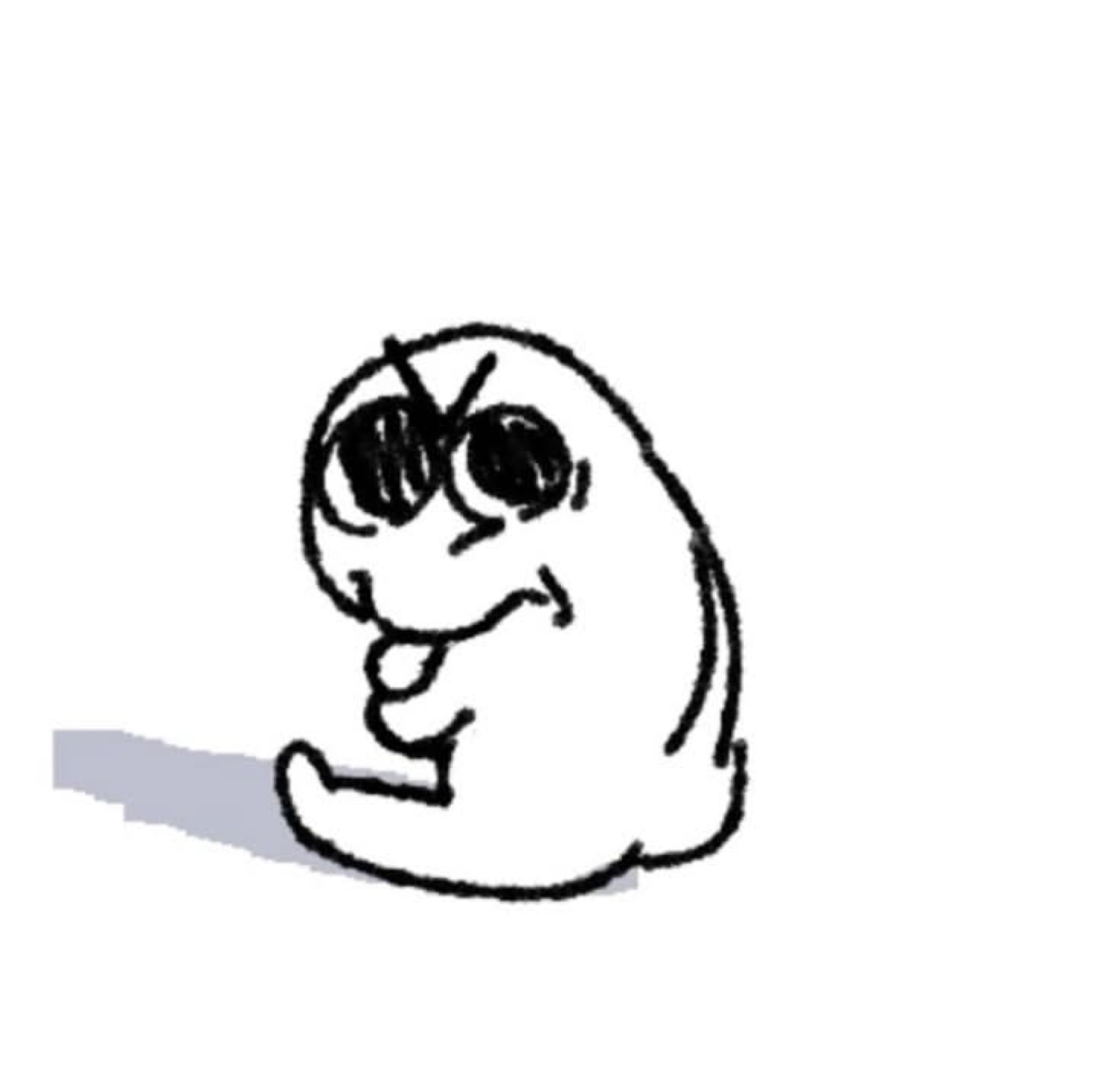 Minimalist doodle creature sitting hunched with a scheming smirk