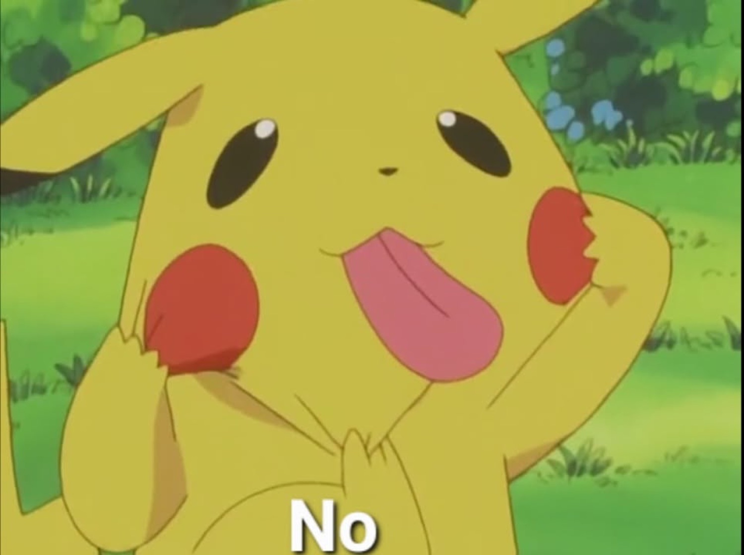 Pikachu covering its cheeks with big eyes, firmly captioned 'No'