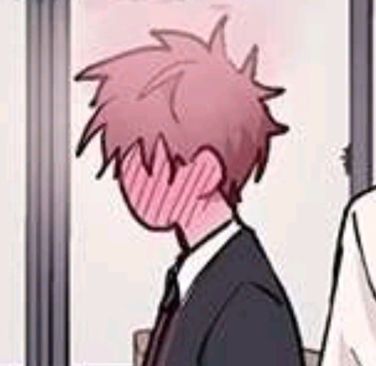 Anime boy in school uniform blushing hard with his face hidden by his hand