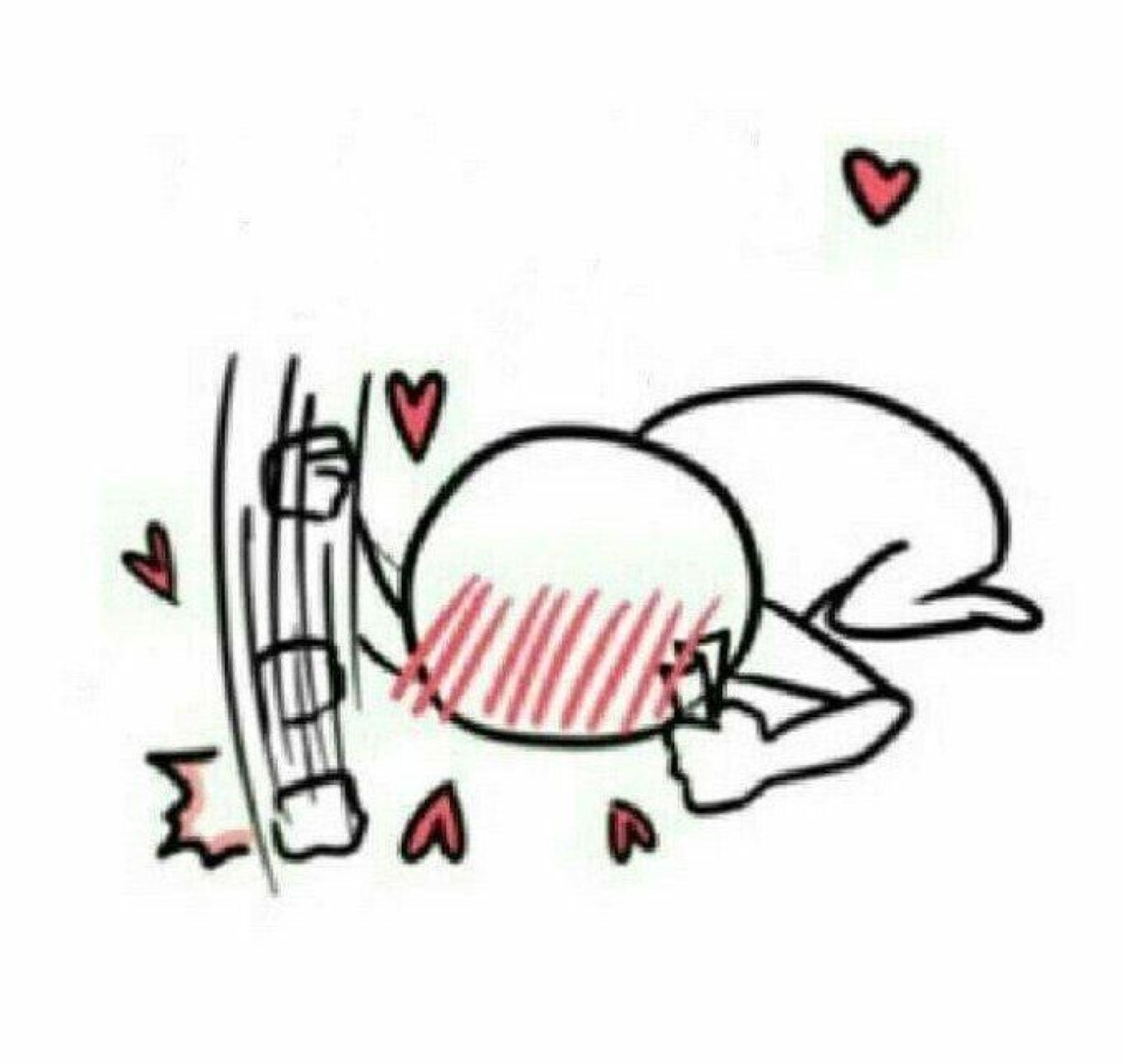 Cartoon character collapsed face-down with hearts floating around, blushing hard
