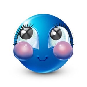 Blue 3D emoji face with huge dewy eyes, rosy cheeks, and a shy smile
