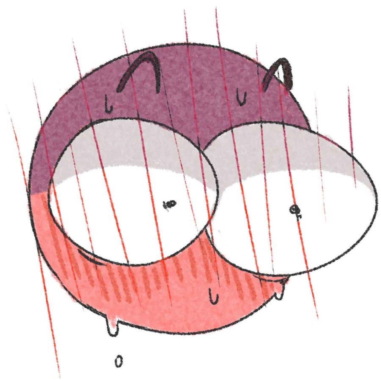 Little sketched fox curled into a ball with drooping eyes as red rain streaks down