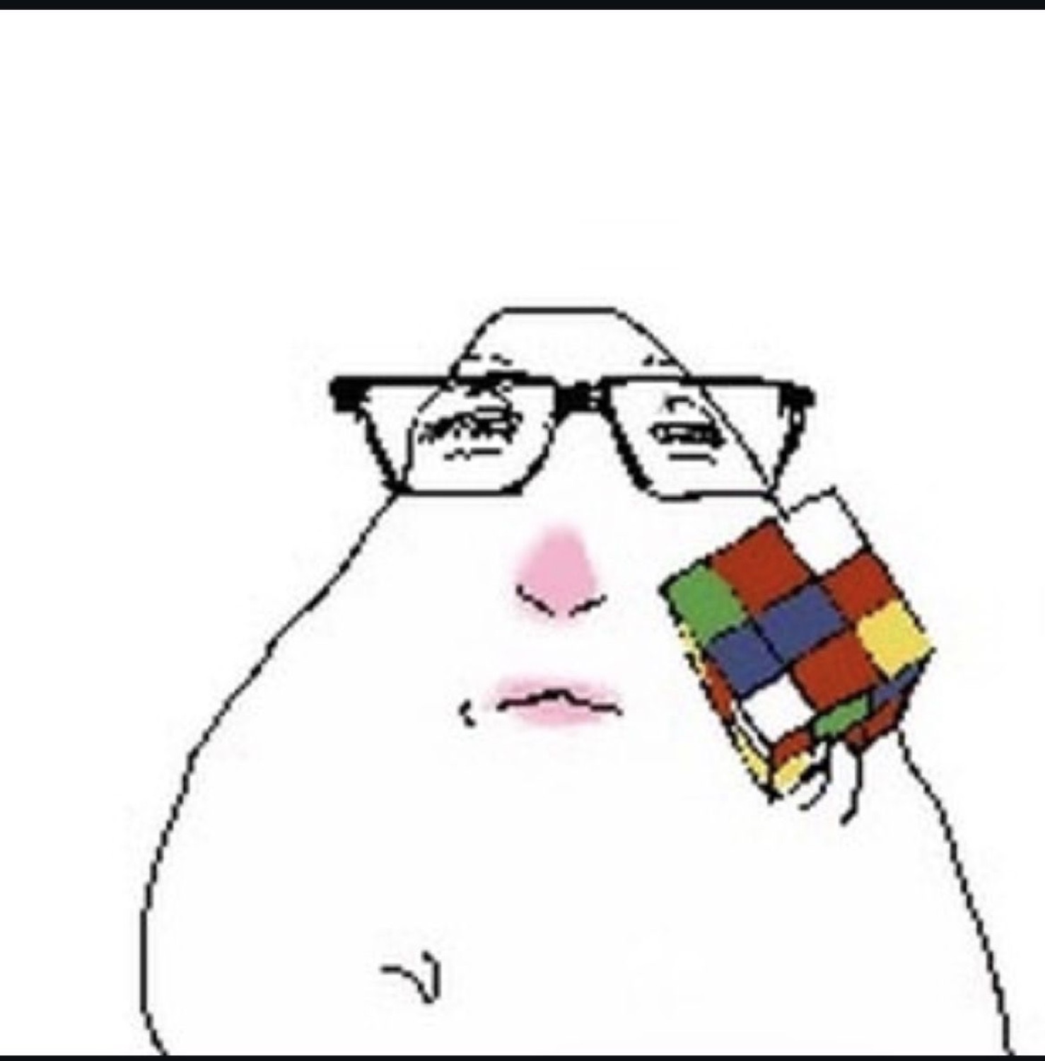 Blob face in thick glasses holding a Rubik's cube, completely unbothered