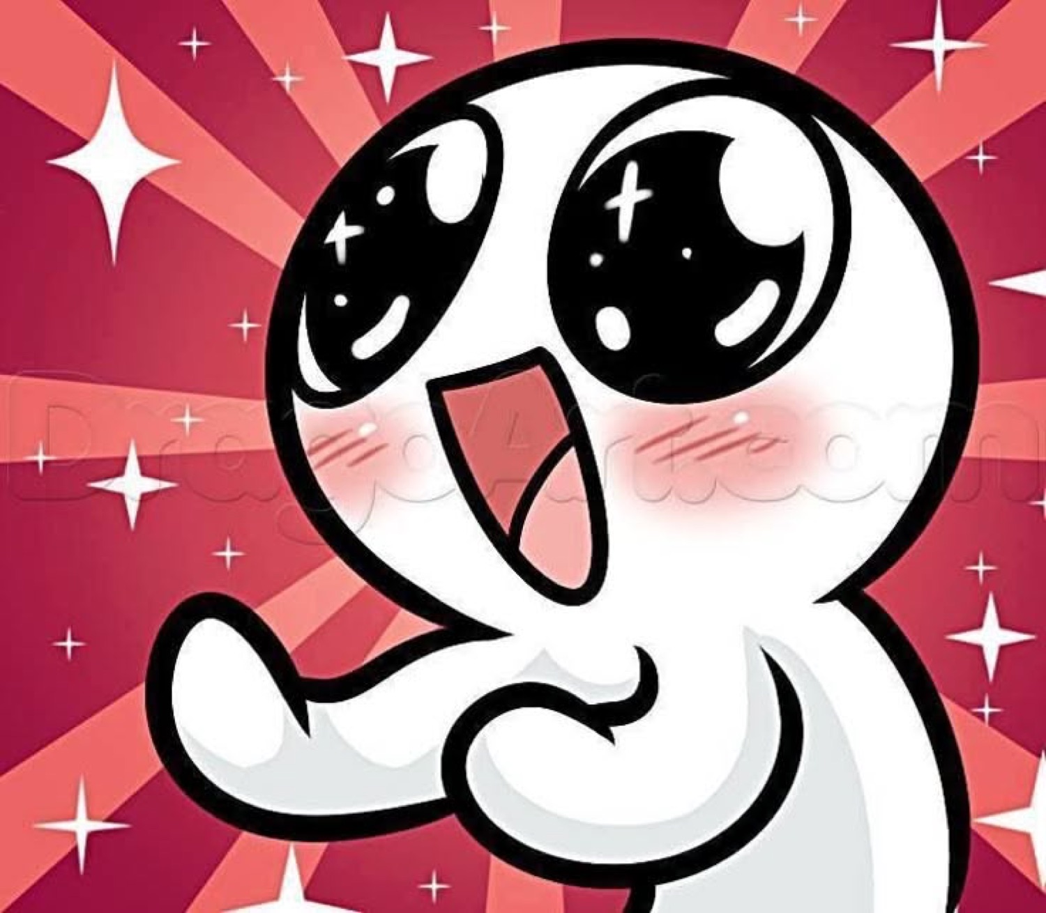 Chibi cartoon character blushing with sparkly eyes and open mouth, bursting with excitement
