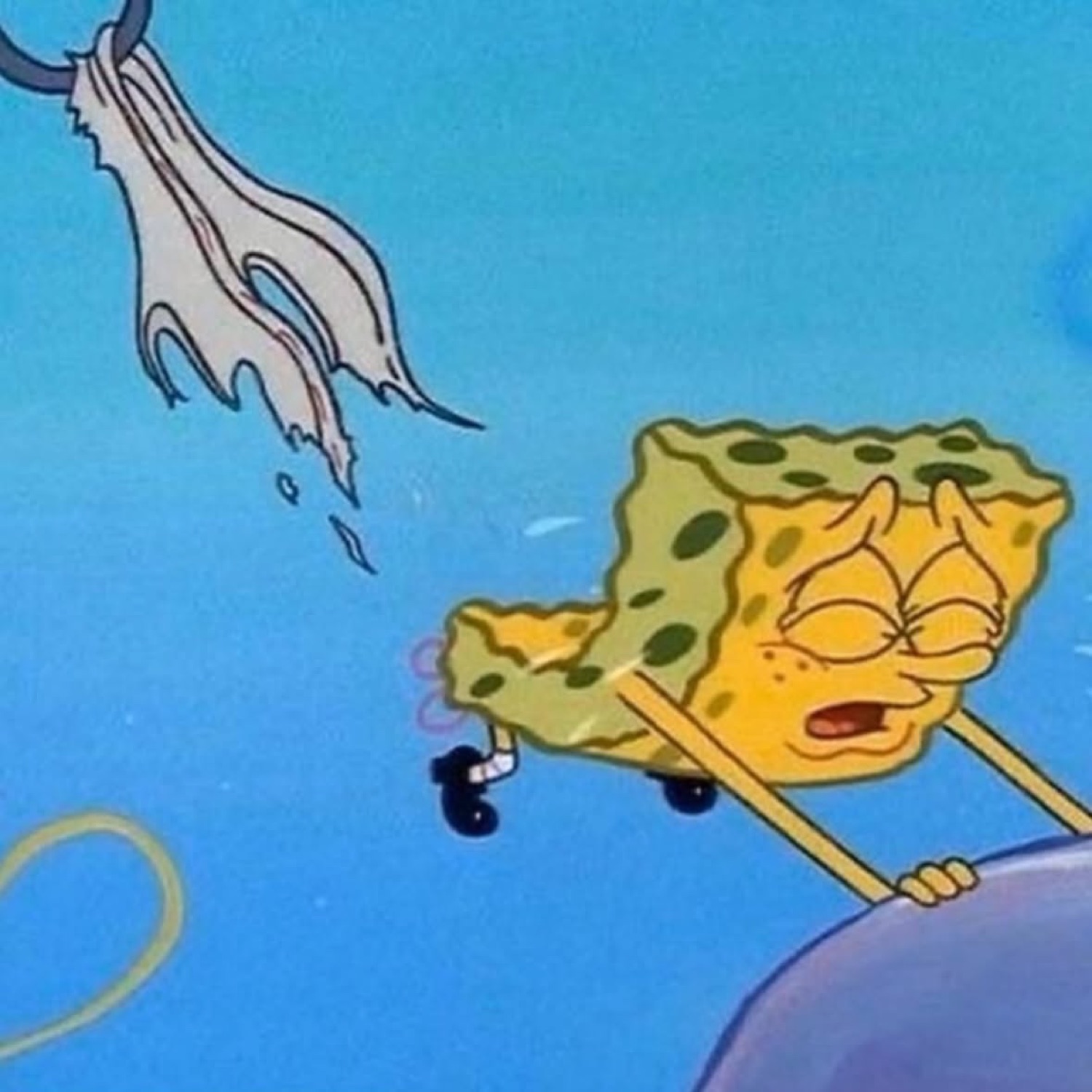 Melting SpongeBob lounging with closed eyes as a hand tosses water nearby