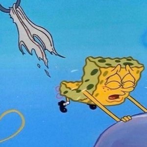 Melting SpongeBob lounging with closed eyes as a hand tosses water nearby