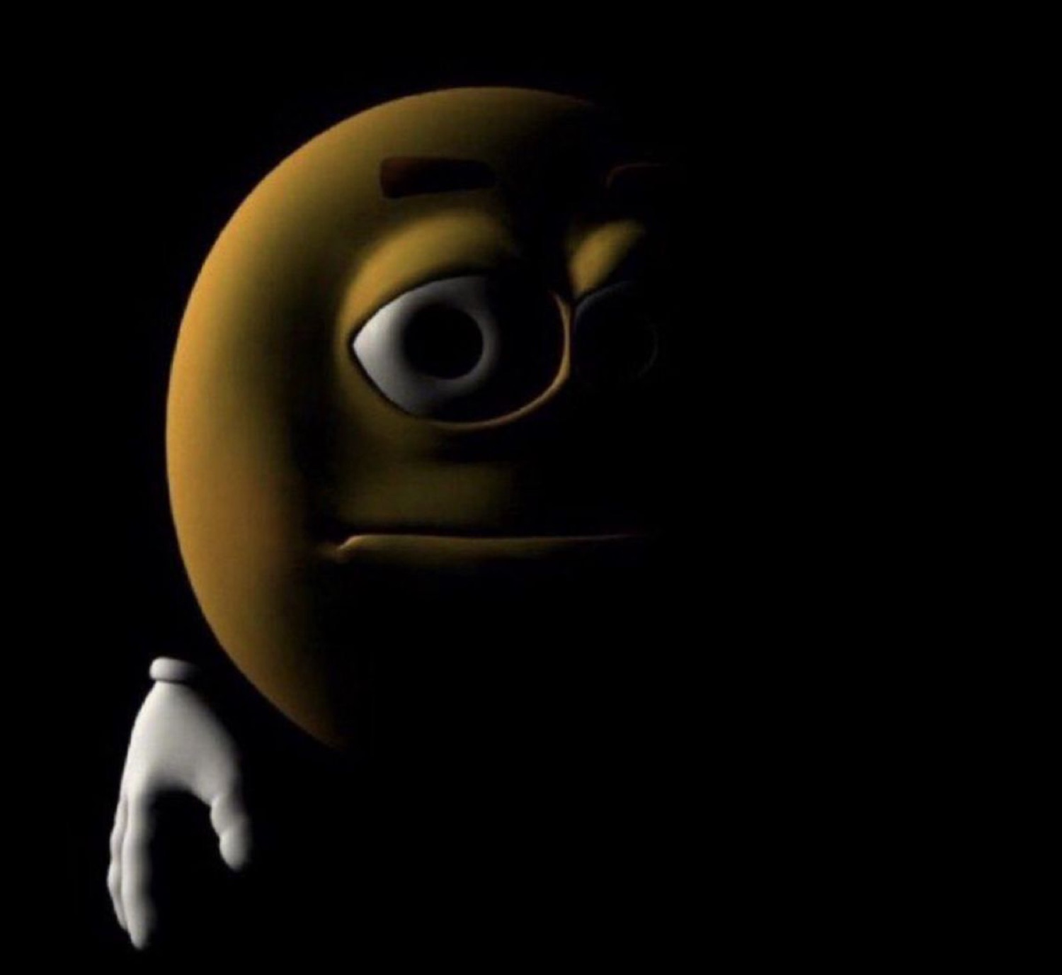 Dark 3D emoji with one squinting eye and a plotting hand gesture, lurking in shadows
