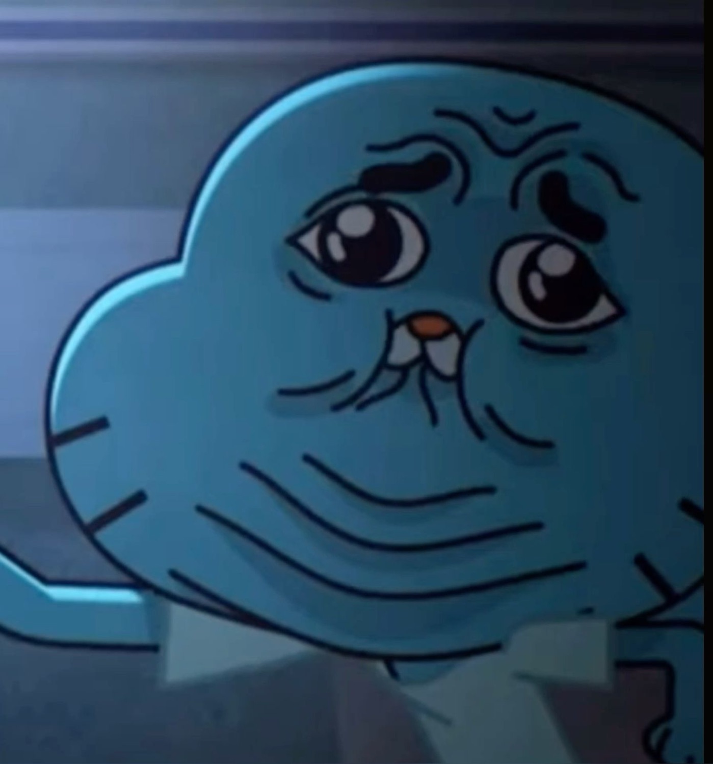 Gumball staring with tired, sad eyes in the dark, completely deflated