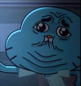 Gumball staring with tired, sad eyes in the dark, completely deflated