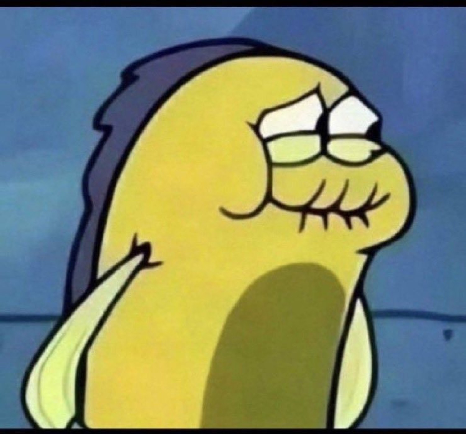 SpongeBob fish character with heavy droopy eyes looking utterly worn out