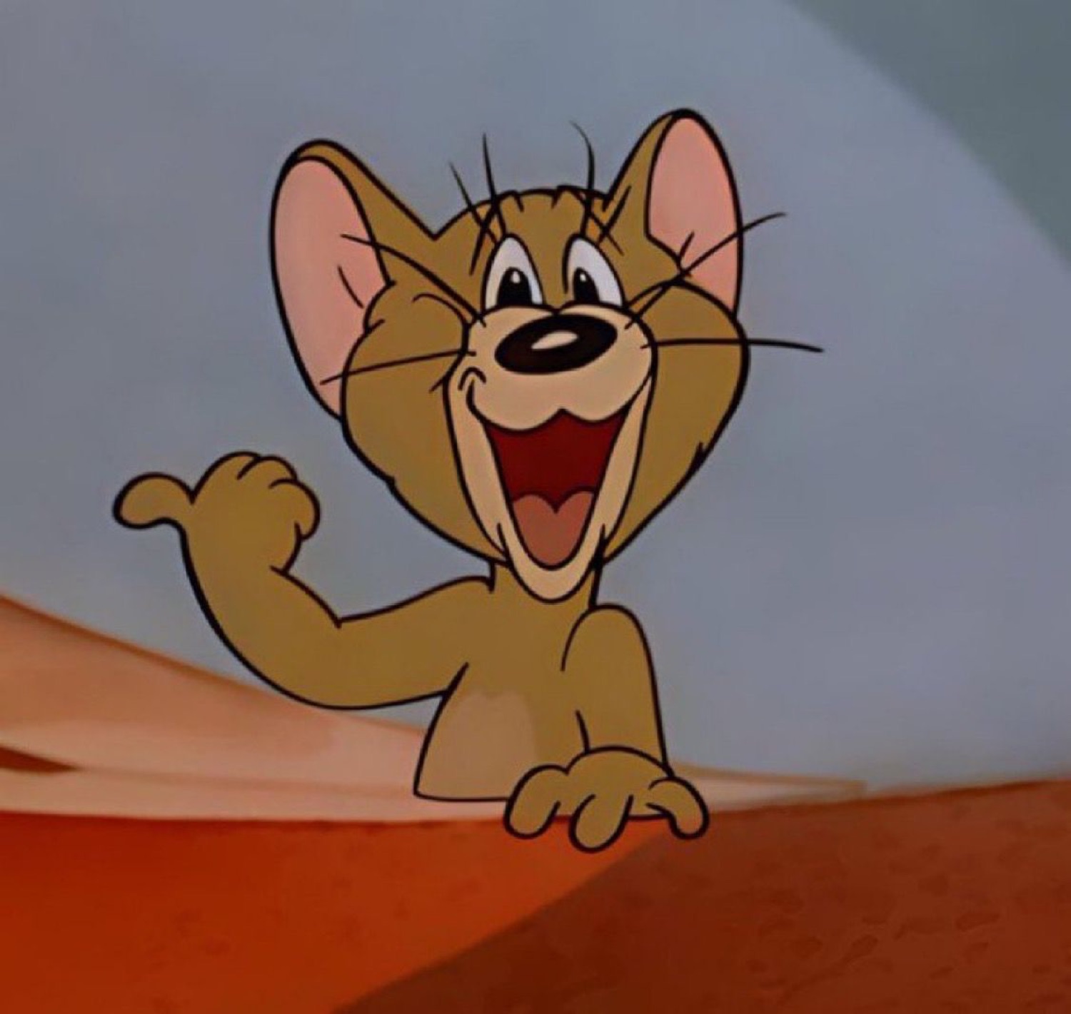 Jerry the mouse laughing and waving with pure gleeful energy