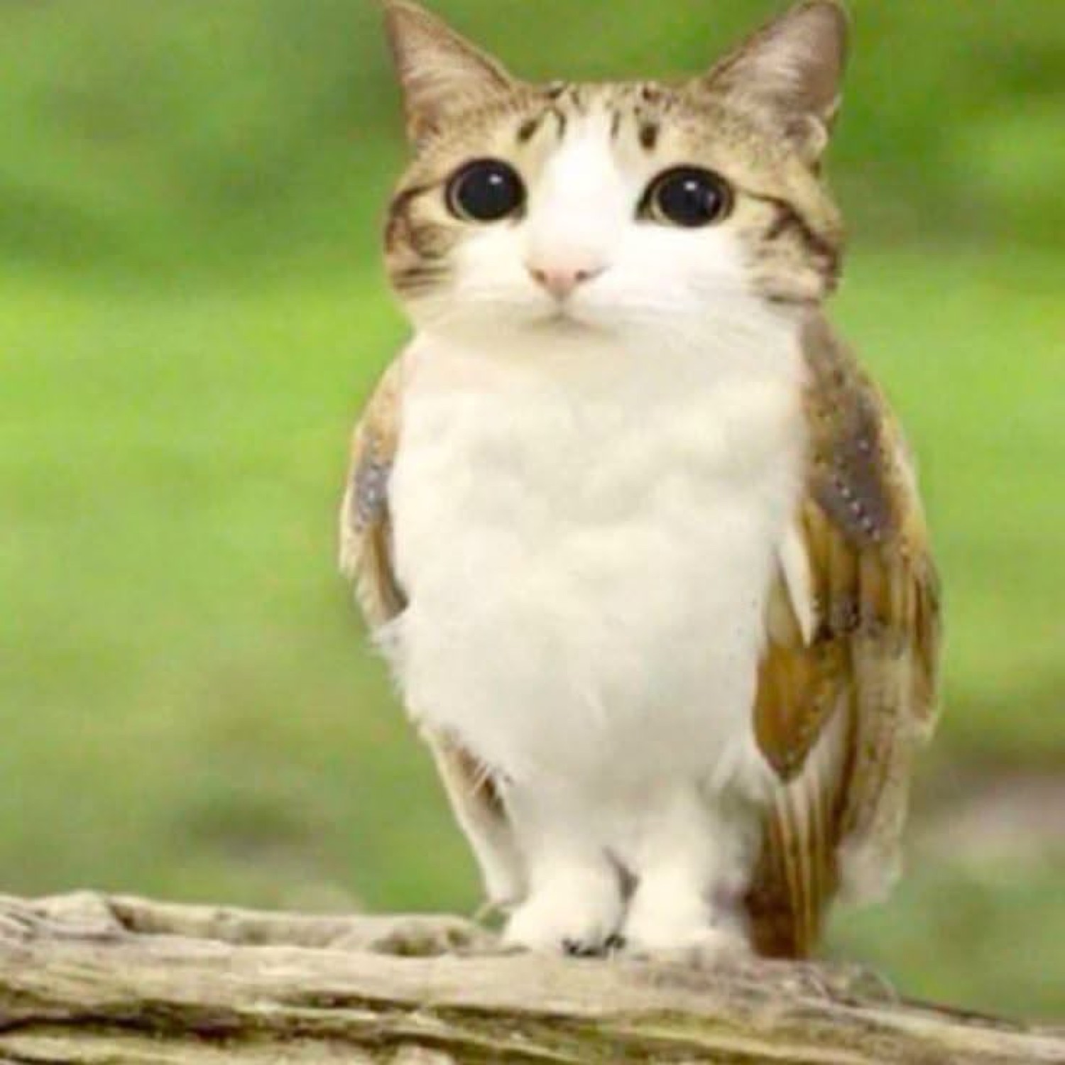 Owl-bodied cat perched on a branch staring