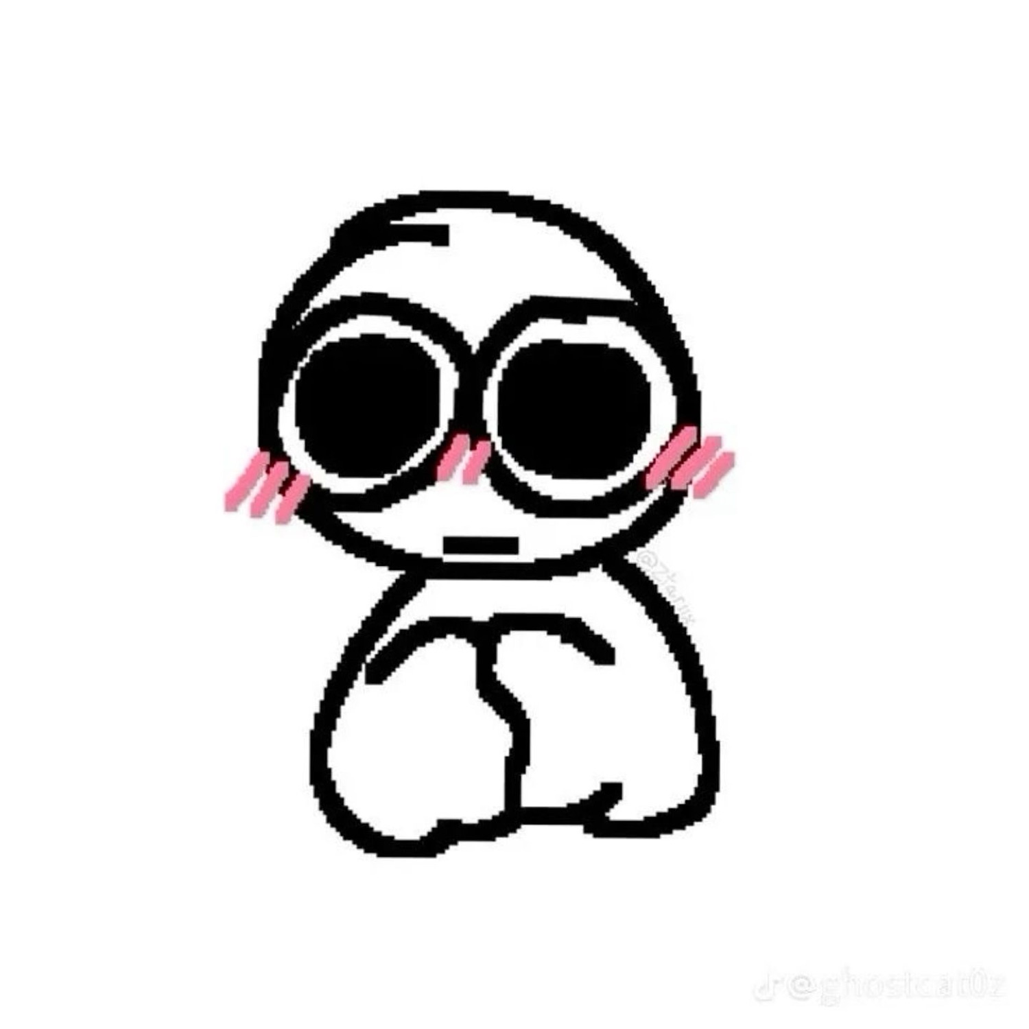 Simple doodle character with huge eyes and pink blush, sitting shyly