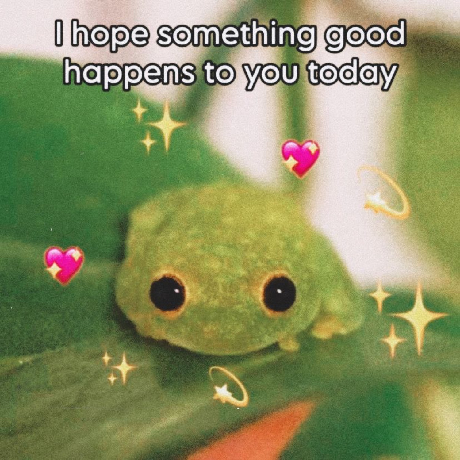 Tiny green frog on a leaf with hearts and sparkles, 'I hope something good happens to you today'