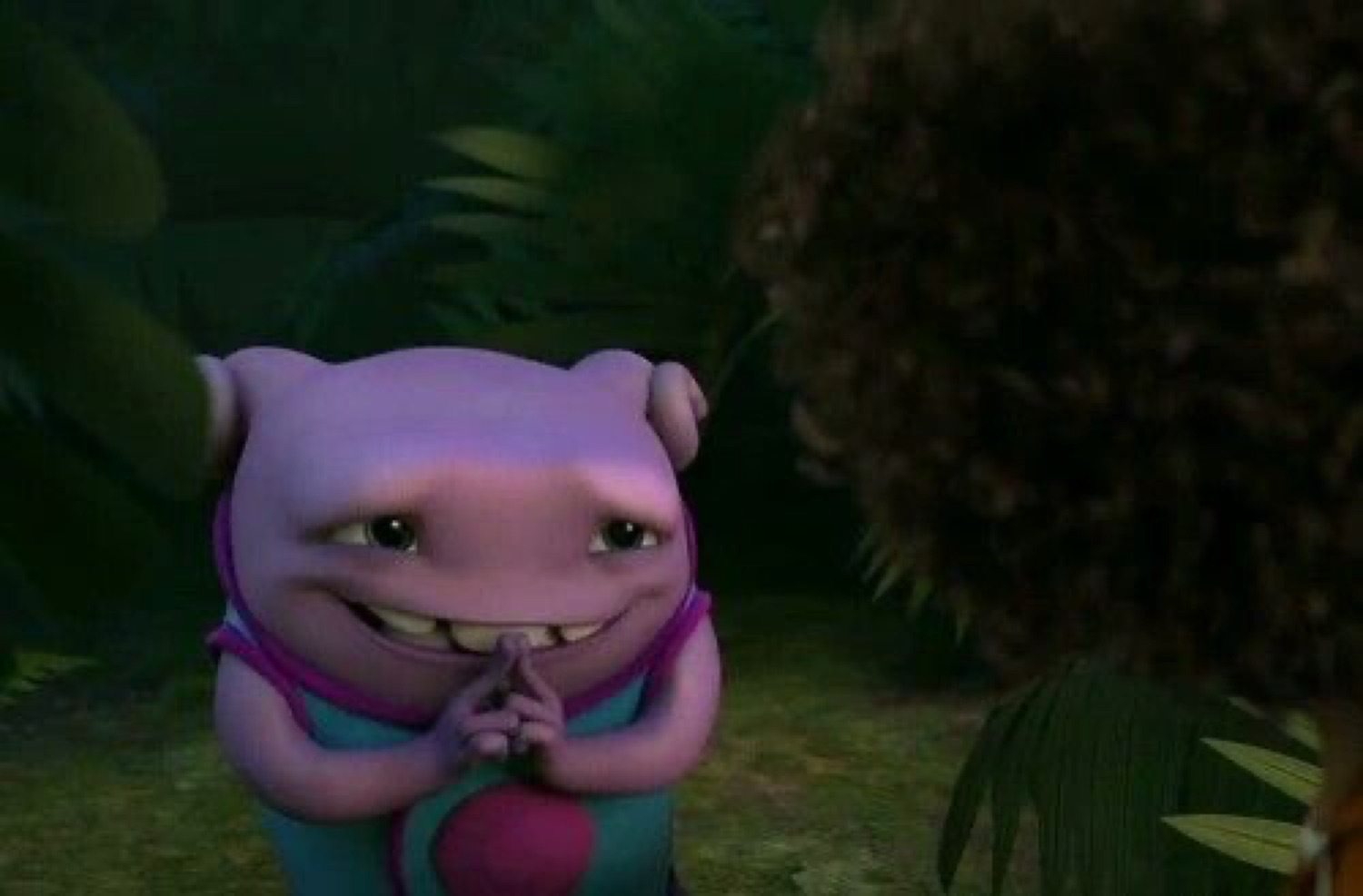 Little purple alien grinning tightly with fingers pressed together in the dark