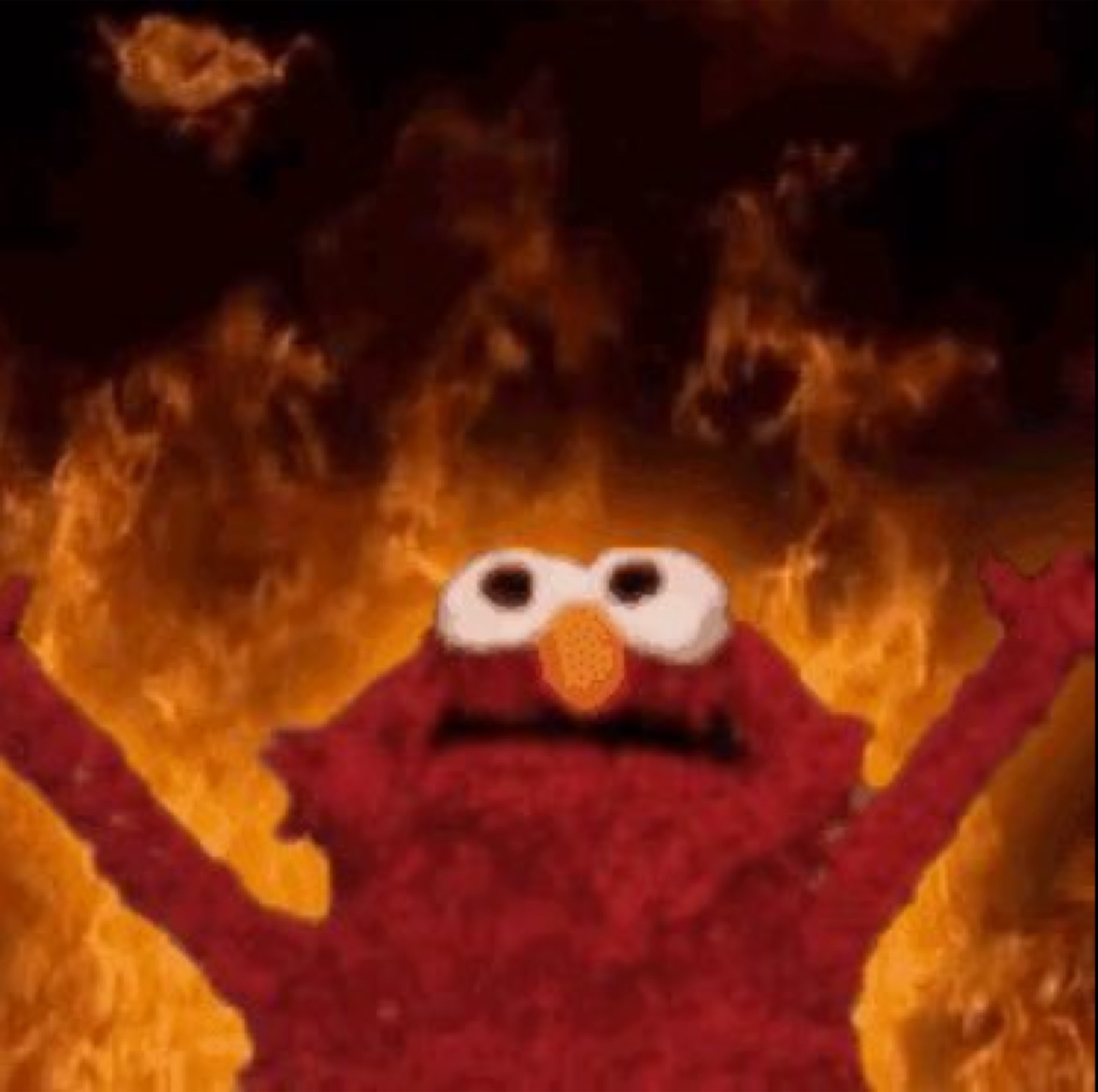 Elmo raising his arms in front of raging flames in the classic burning Elmo shot