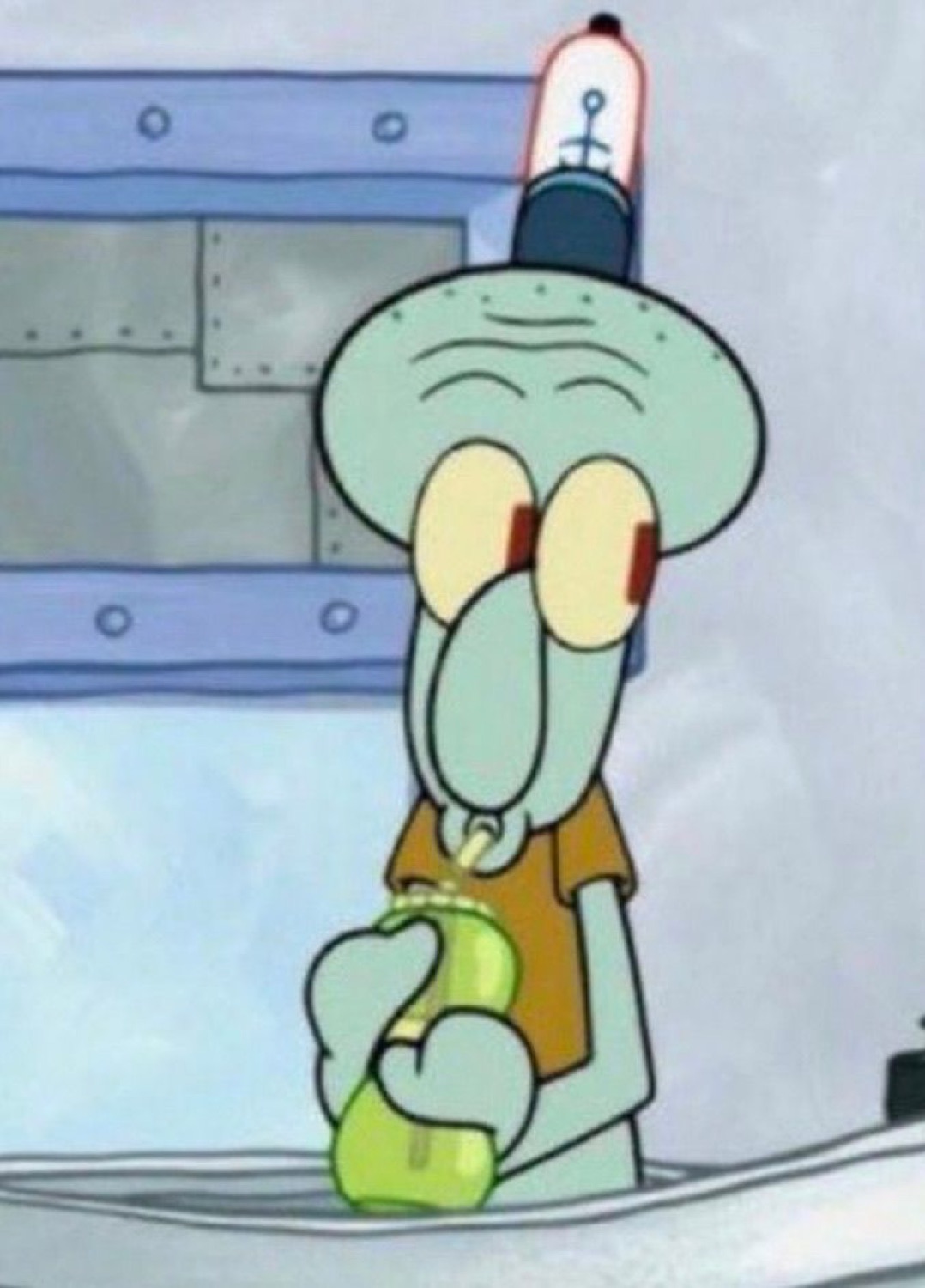 Squidward with heavy bloodshot eyes sipping a drink with complete disinterest