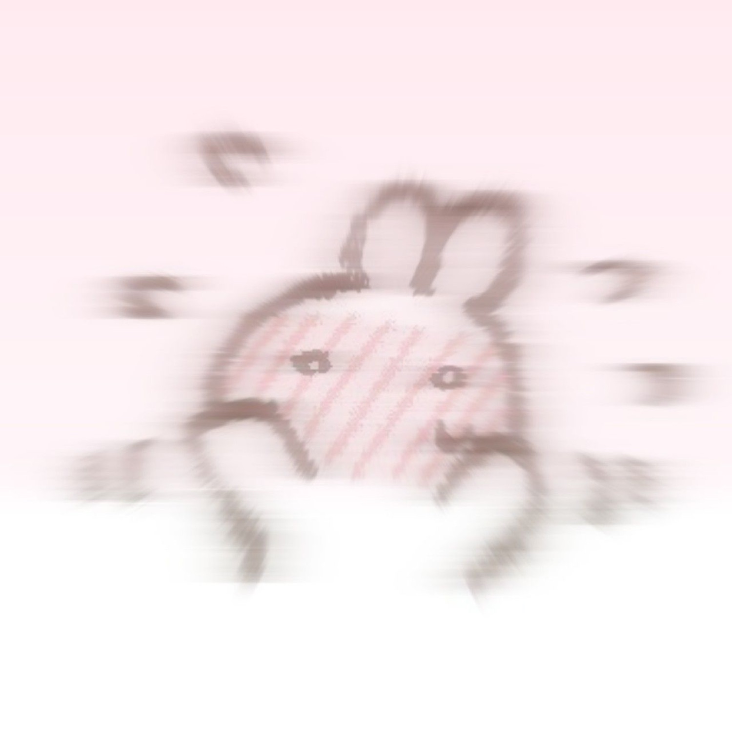 Cartoon blurred pink bunny vibrating with anxious panic energy on a pink background