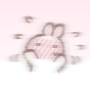 Cartoon blurred pink bunny vibrating with anxious panic energy on a pink background