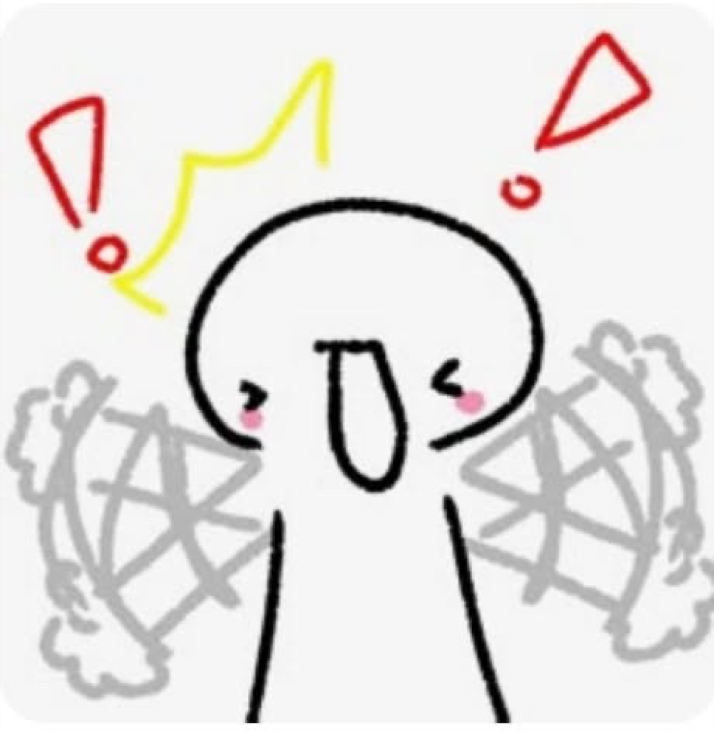 Simple doodle stick figure with rosy cheeks, party flames, and exclamation marks - hype mode