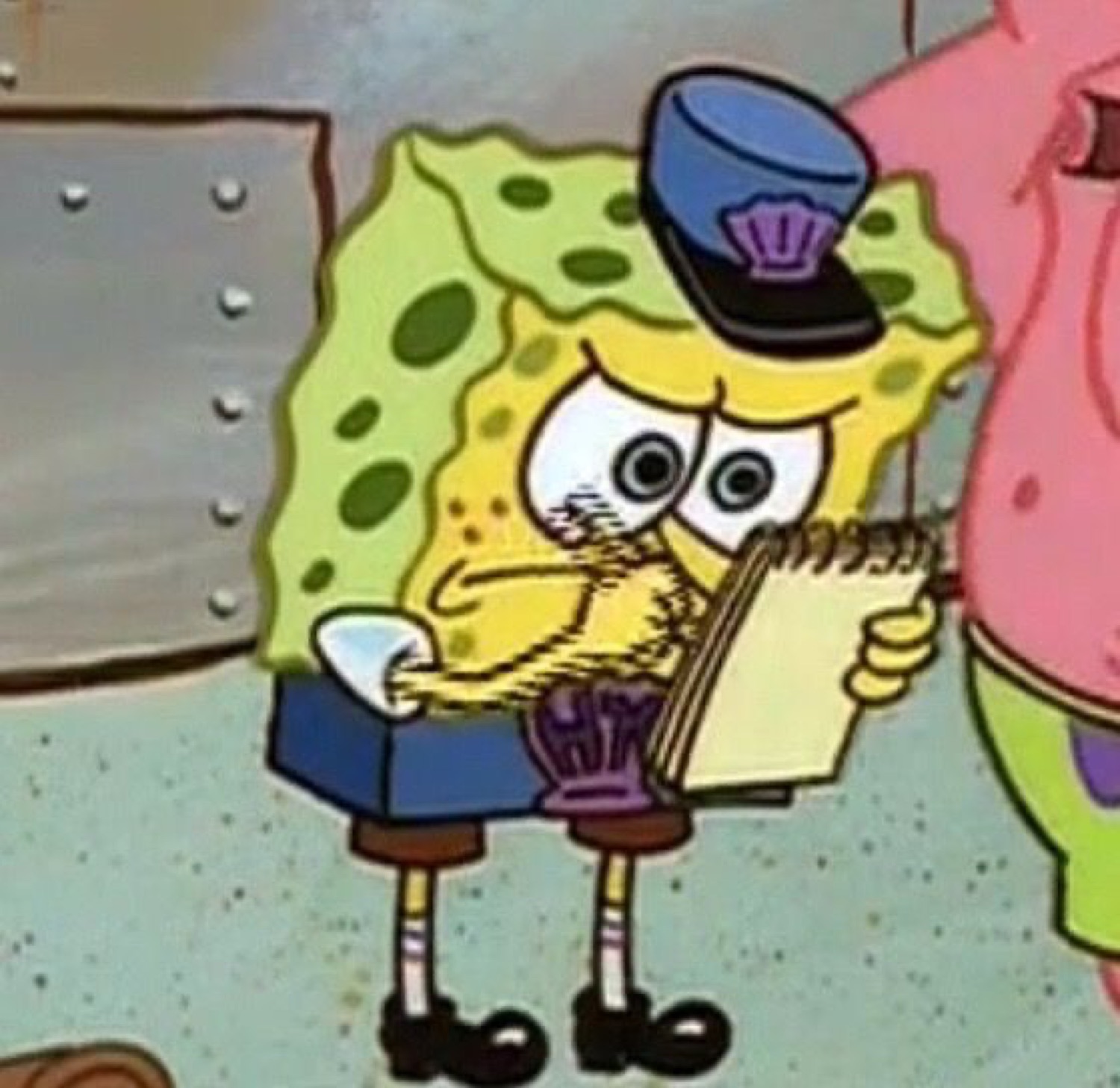 SpongeBob with a fake mustache and hat nervously jotting notes on a pad