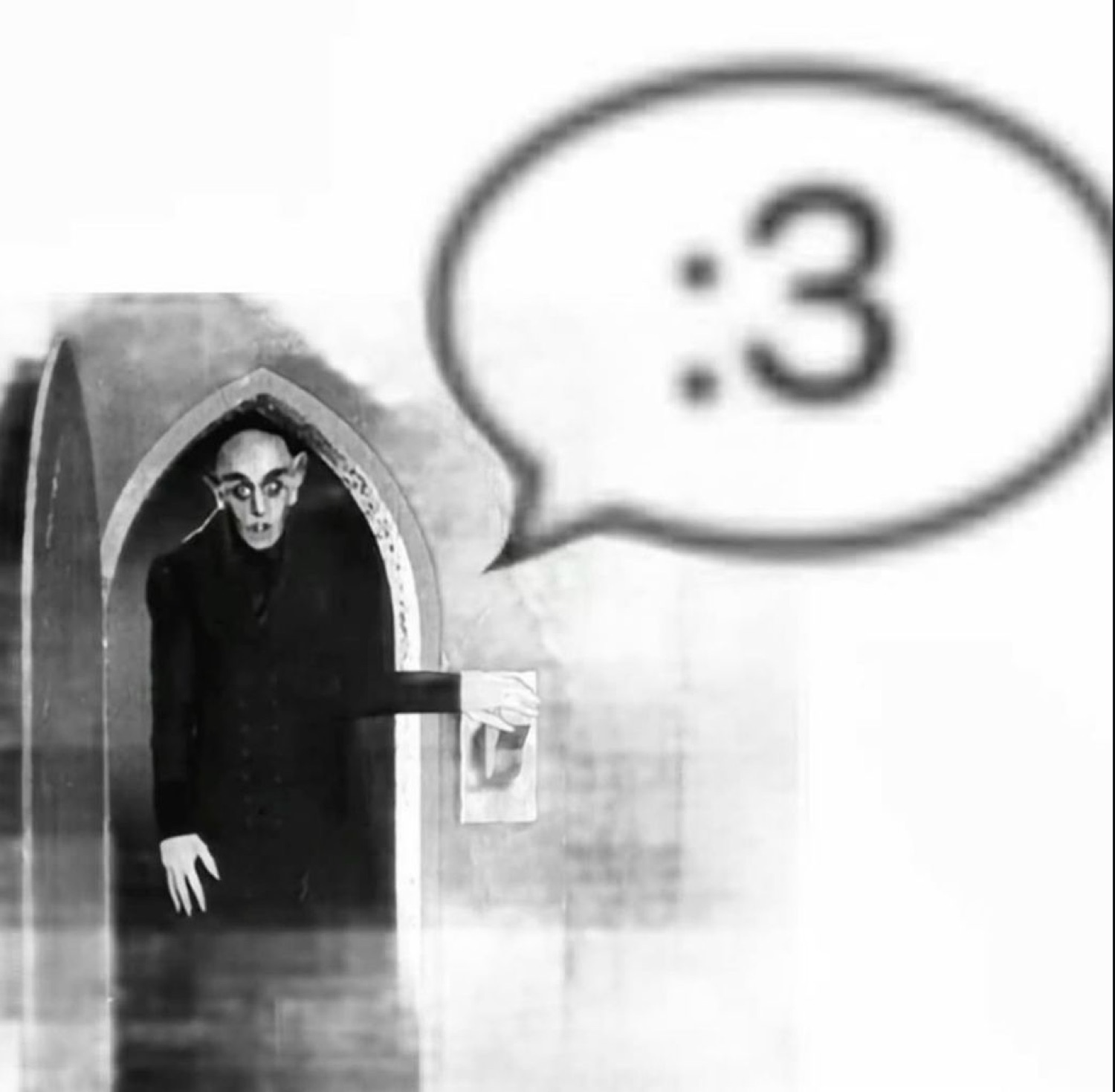 Nosferatu peeking from a doorway with a ':3' speech bubble