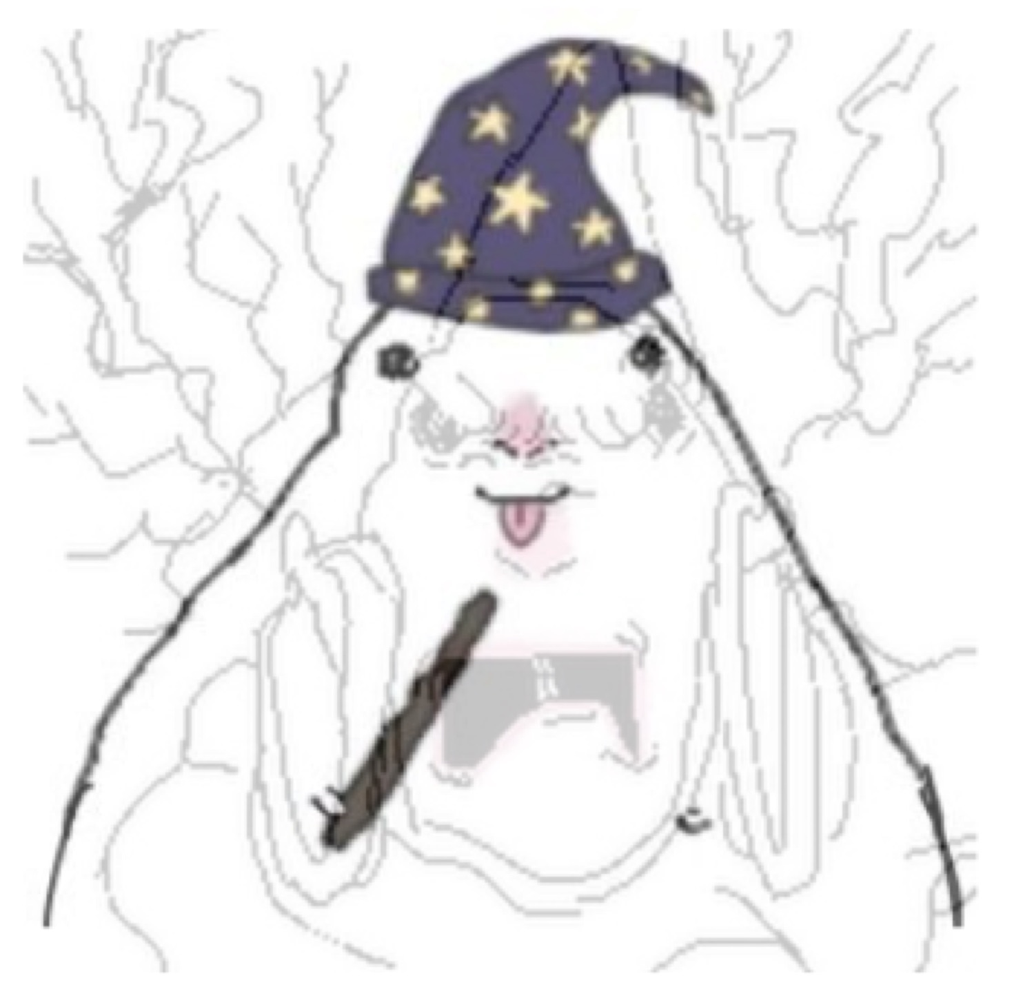 Faded blob doodle in a starry wizard hat holding a twig like a wand, tongue out
