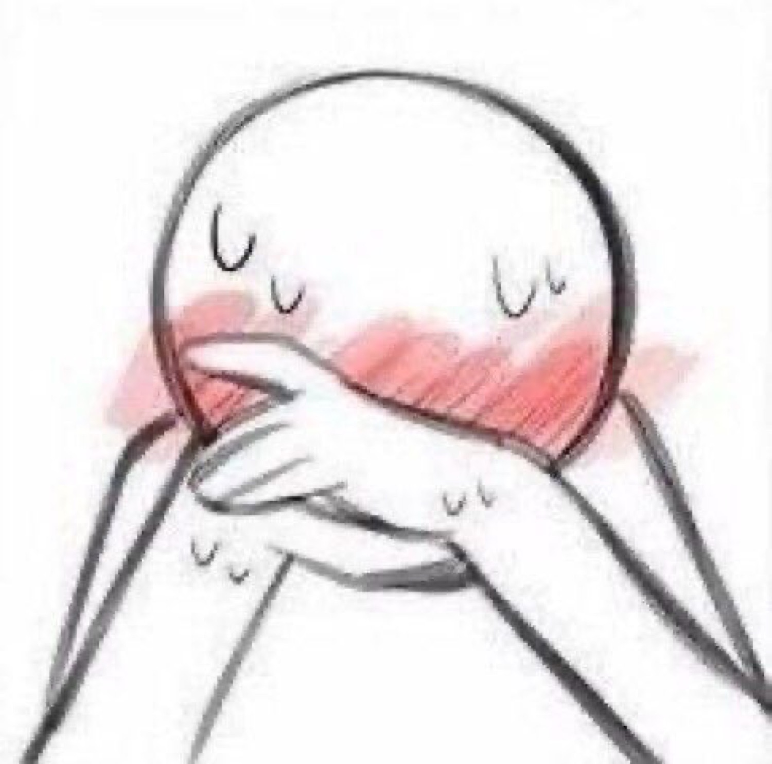 Sketched round-headed character covering their mouth, face blushing bright red