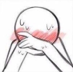 Sketched round-headed character covering their mouth, face blushing bright red