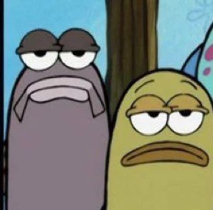 Two deeply unamused SpongeBob fish characters staring forward with droopy expressions