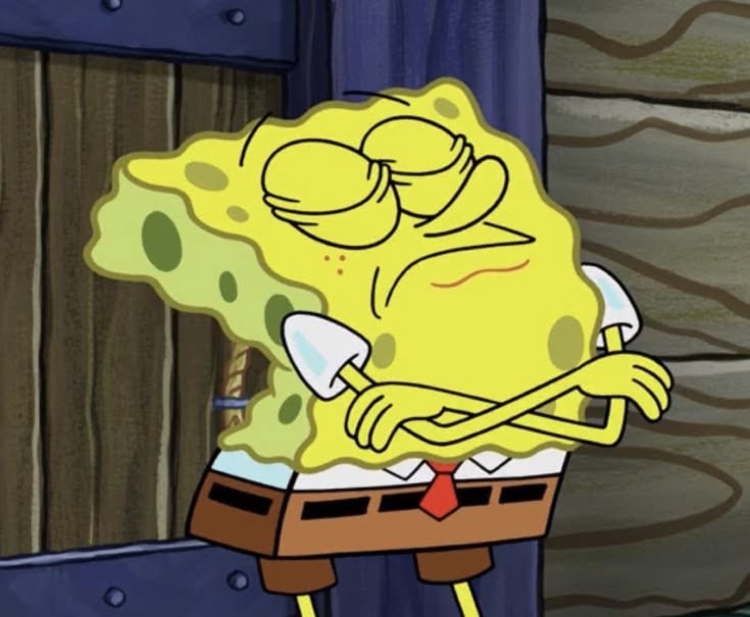 SpongeBob with a melted smug face leaning on a spatula, unimpressed with everything