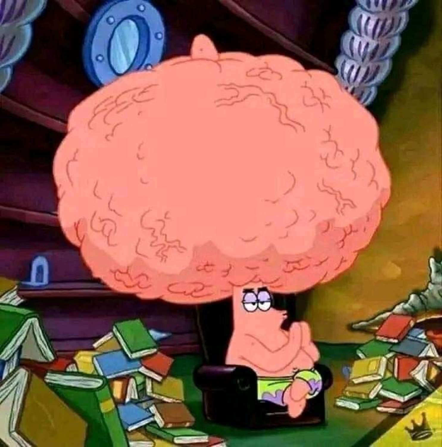 Patrick Star with a massively inflated brain, looking smugly intellectual surrounded by books