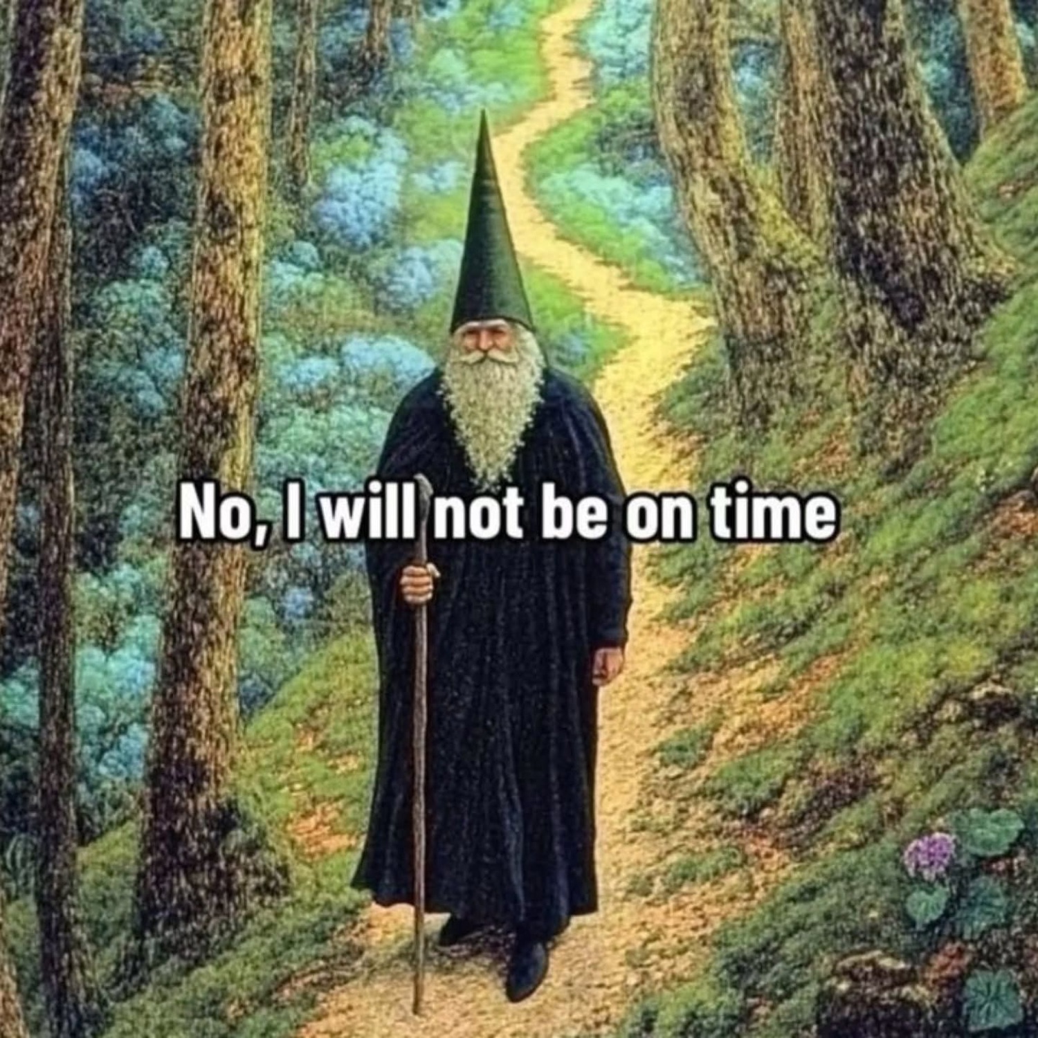 Wise wizard strolling through a forest path captioned 'No, I will not be on time'